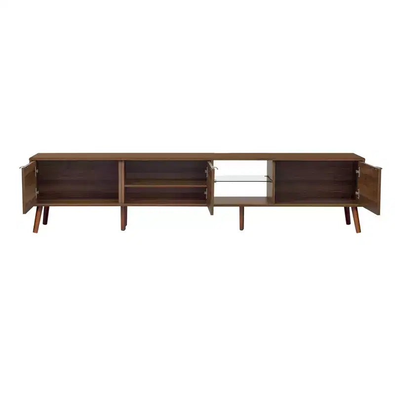 Meuble TV Mid-Century avec portes pour TV 85 pouces, Meuble de rangement TV en bois avec pieds en bois massif pour salon, Noyer