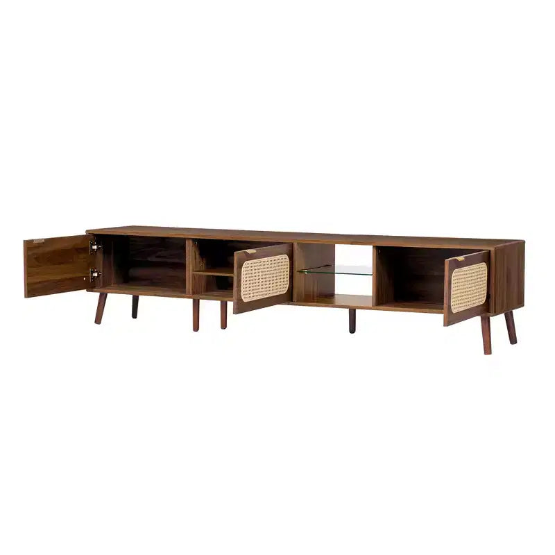 Meuble TV Mid-Century avec portes pour TV 85 pouces, Meuble de rangement TV en bois avec pieds en bois massif pour salon, Noyer
