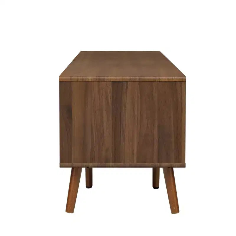 Meuble TV Mid-Century avec portes pour TV 85 pouces, Meuble de rangement TV en bois avec pieds en bois massif pour salon, Noyer