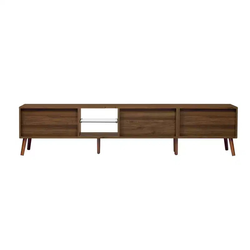 Meuble TV Mid-Century avec portes pour TV 85 pouces, Meuble de rangement TV en bois avec pieds en bois massif pour salon, Noyer