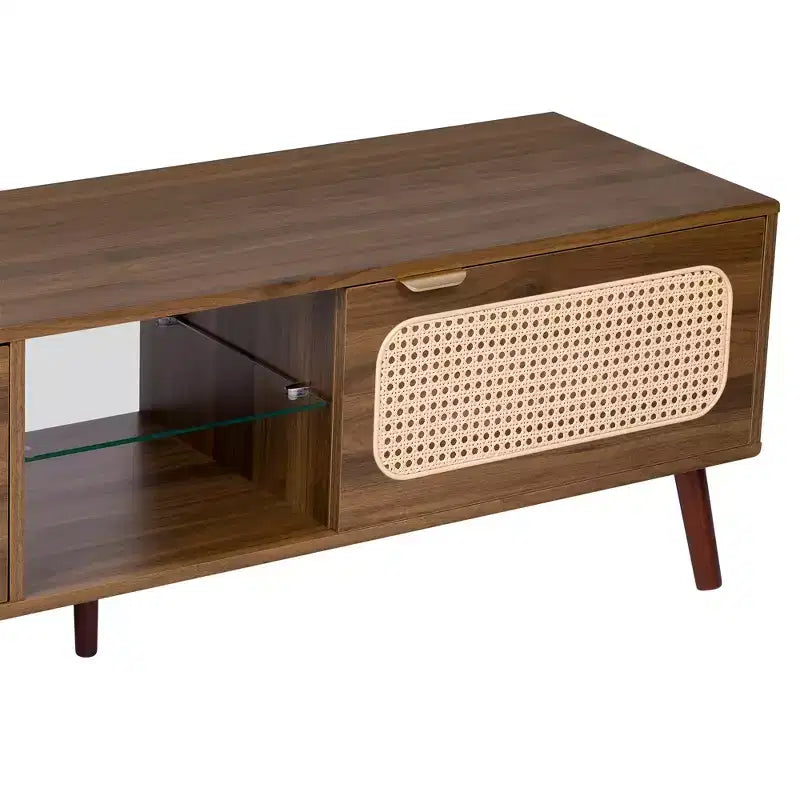 Meuble TV Mid-Century avec portes pour TV 85 pouces, Meuble de rangement TV en bois avec pieds en bois massif pour salon, Noyer