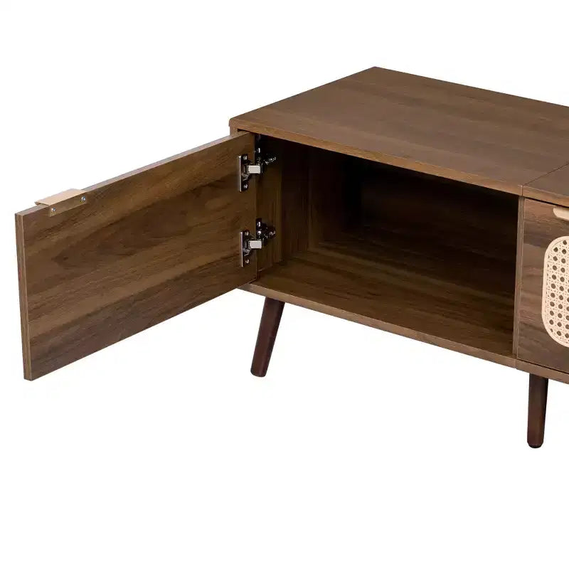Meuble TV Mid-Century avec portes pour TV 85 pouces, Meuble de rangement TV en bois avec pieds en bois massif pour salon, Noyer