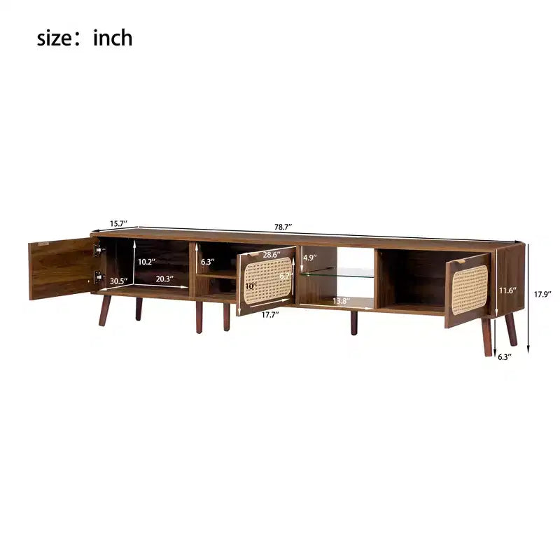 Meuble TV Mid-Century avec portes pour TV 85 pouces, Meuble de rangement TV en bois avec pieds en bois massif pour salon, Noyer