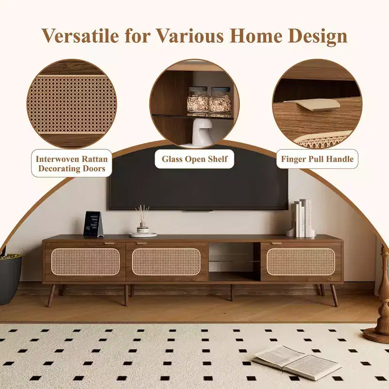 Meuble TV Mid-Century avec portes pour TV 85 pouces, Meuble de rangement TV en bois avec pieds en bois massif pour salon, Noyer