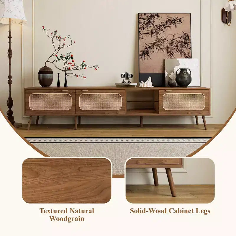 Meuble TV Mid-Century avec portes pour TV 85 pouces, Meuble de rangement TV en bois avec pieds en bois massif pour salon, Noyer