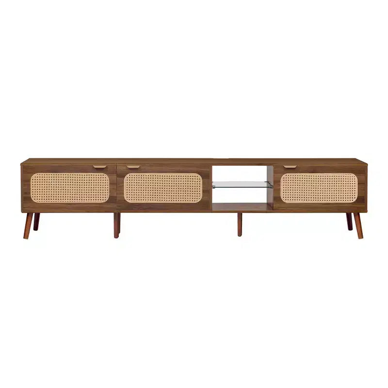 Meuble TV Mid-Century avec portes pour TV 85 pouces, Meuble de rangement TV en bois avec pieds en bois massif pour salon, Noyer