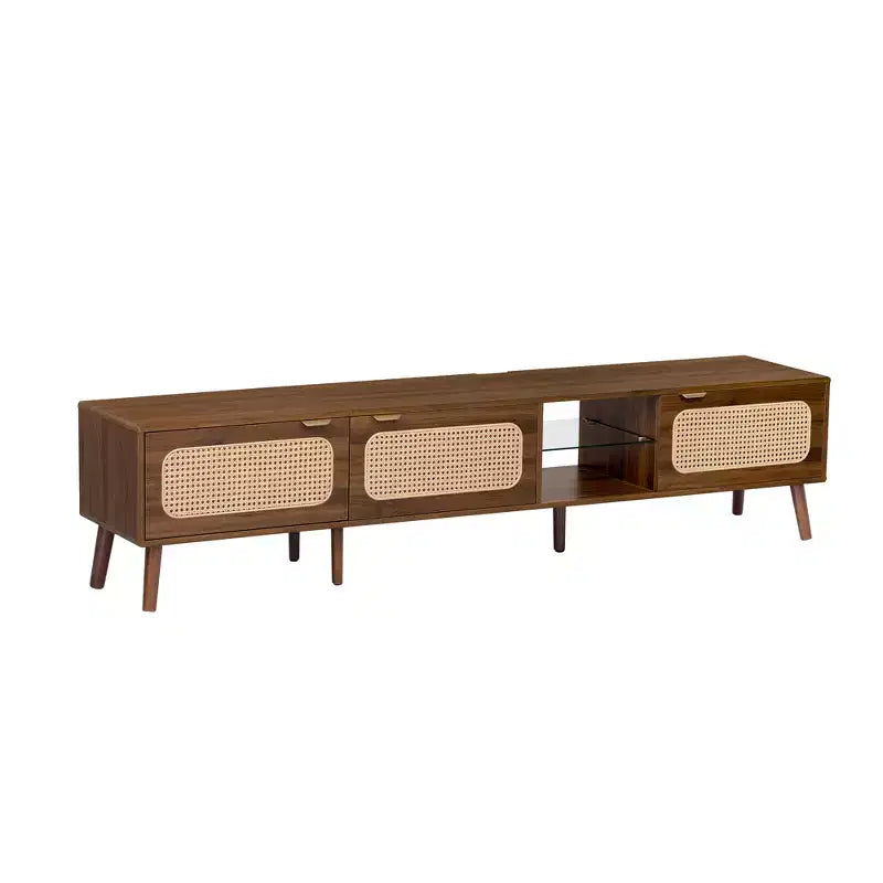 Meuble TV Mid-Century avec portes pour TV 85 pouces, Meuble de rangement TV en bois avec pieds en bois massif pour salon, Noyer