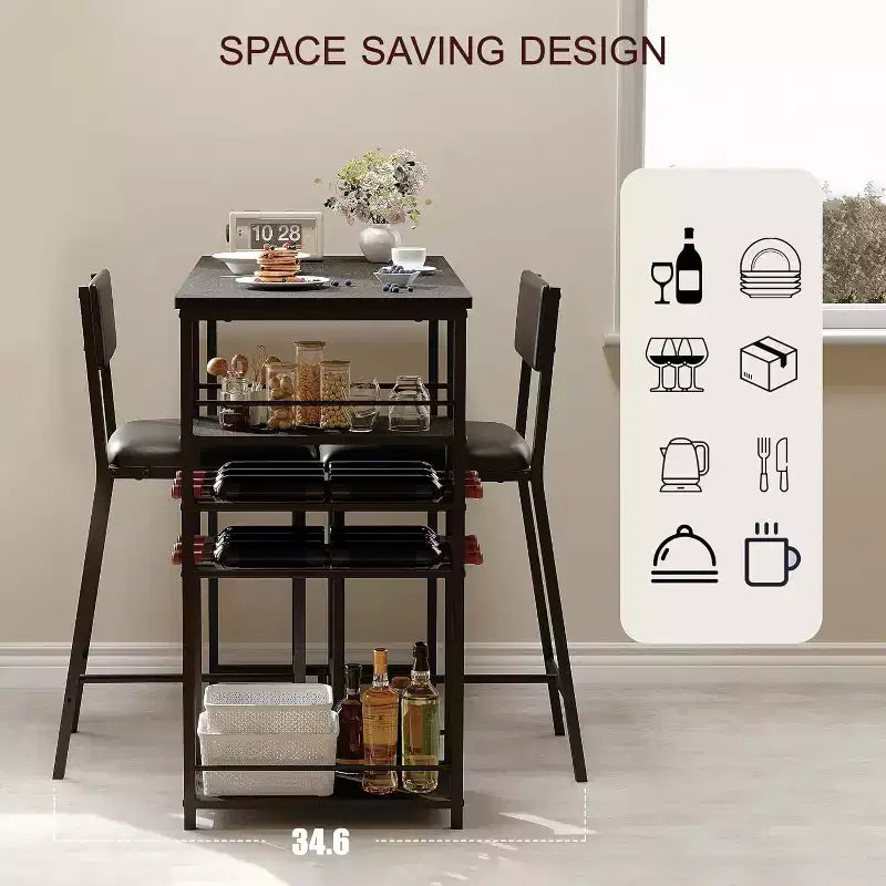 Ensemble table de salle à manger et 2 chaises, table de bar haute et chaises, étagères de rangement ouvertes, porte-gobelet et casier à vin intégrés, pour petites cuisines et appartements