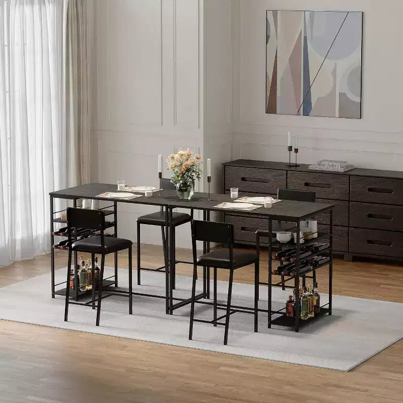 Ensemble table de salle à manger et 2 chaises, table de bar haute et chaises, étagères de rangement ouvertes, porte-gobelet et casier à vin intégrés, pour petites cuisines et appartements