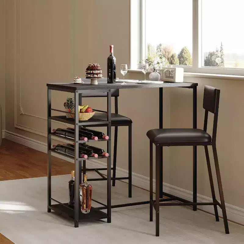 Ensemble table de salle à manger et 2 chaises, table de bar haute et chaises, étagères de rangement ouvertes, porte-gobelet et casier à vin intégrés, pour petites cuisines et appartements