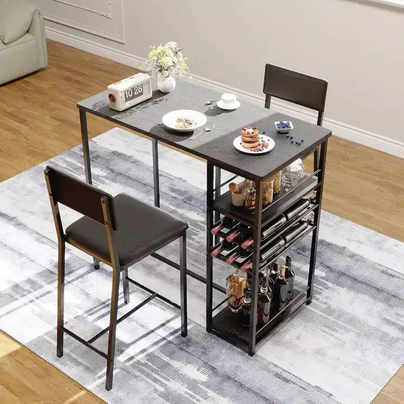 Dining Table Set for 2, High Top Bar Table and Chairs Set, Open Storage Shelves, Built-in Cup Holder & Wine Rack, for Small Kitchens, Apartments