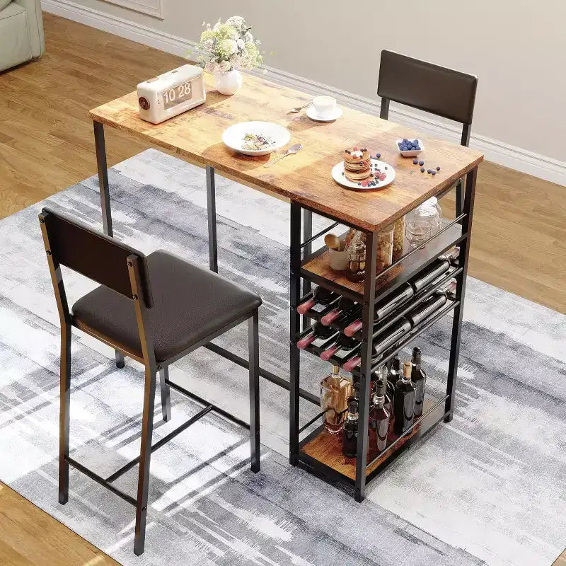 Ensemble table de salle à manger et 2 chaises, table de bar haute et chaises, étagères de rangement ouvertes, porte-gobelet et casier à vin intégrés, pour petites cuisines et appartements