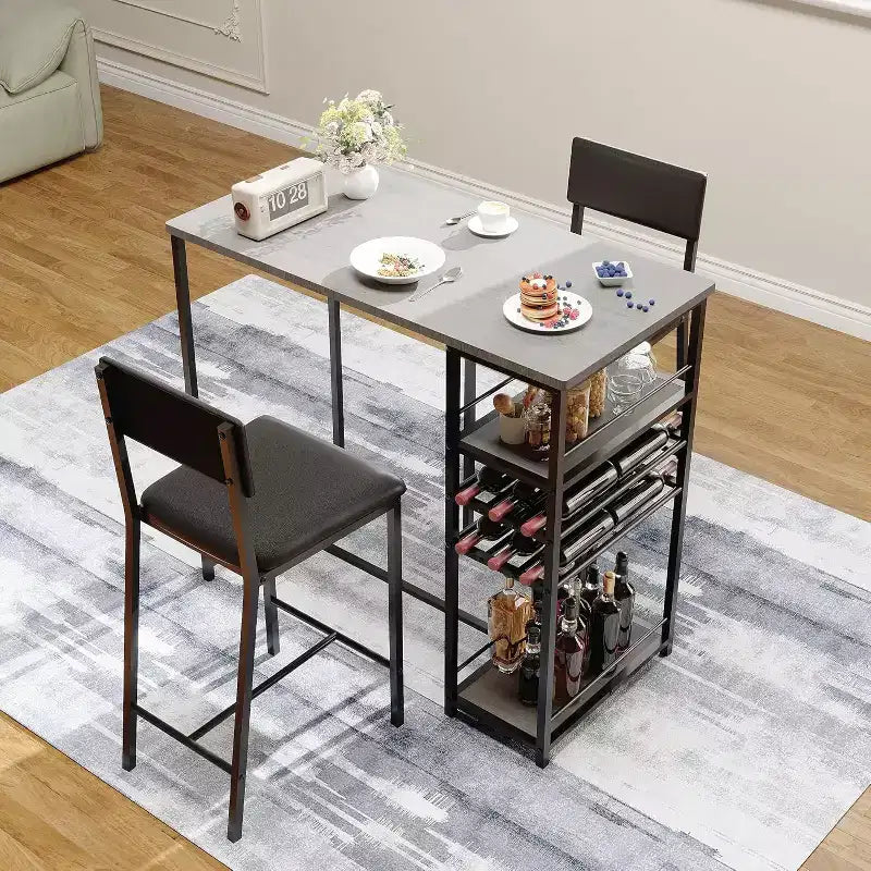 Ensemble table de salle à manger et 2 chaises, table de bar haute et chaises, étagères de rangement ouvertes, porte-gobelet et casier à vin intégrés, pour petites cuisines et appartements