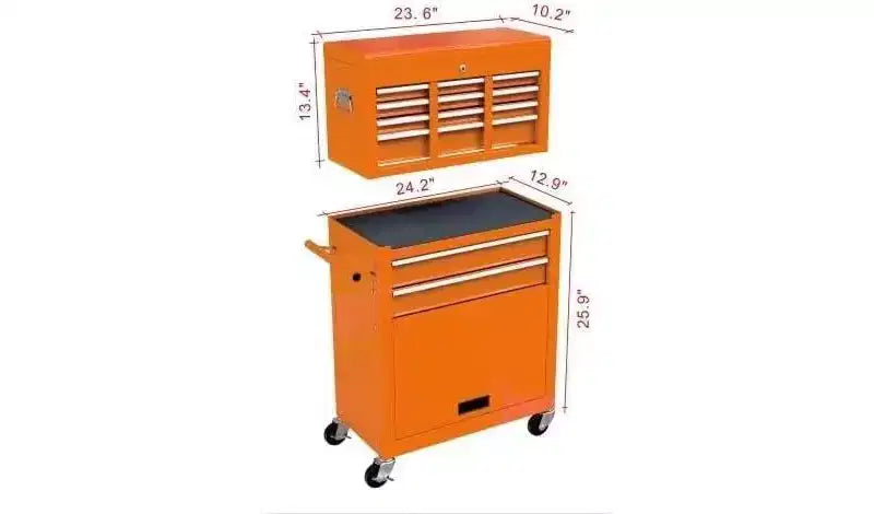 Servante d'atelier 8 tiroirs - Orange, Roues haute capacité, pour Atelier/Entrepôt