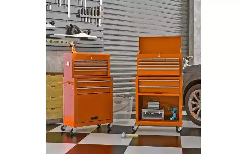 Servante d'atelier 8 tiroirs - Orange, Roues haute capacité, pour Atelier/Entrepôt