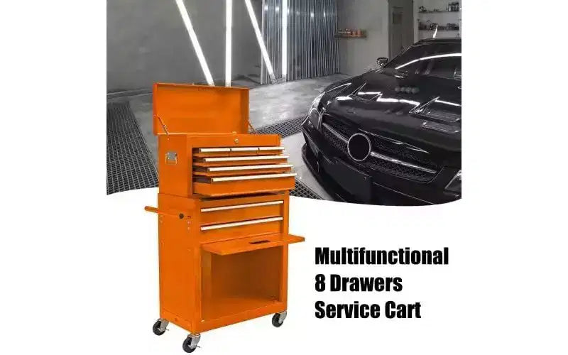 Servante d'atelier 8 tiroirs - Orange, Roues haute capacité, pour Atelier/Entrepôt