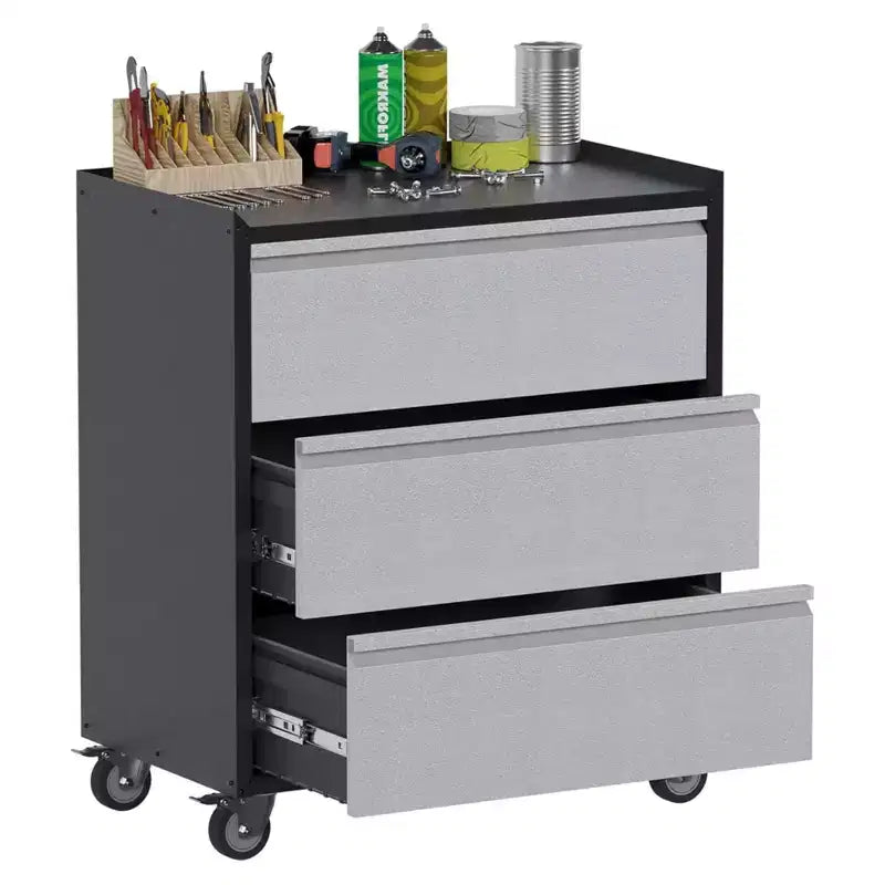 Garvee Rolling Tool Box, 3 Drawers Metal Storage Box for Garage, Warehouse, Black/Gray