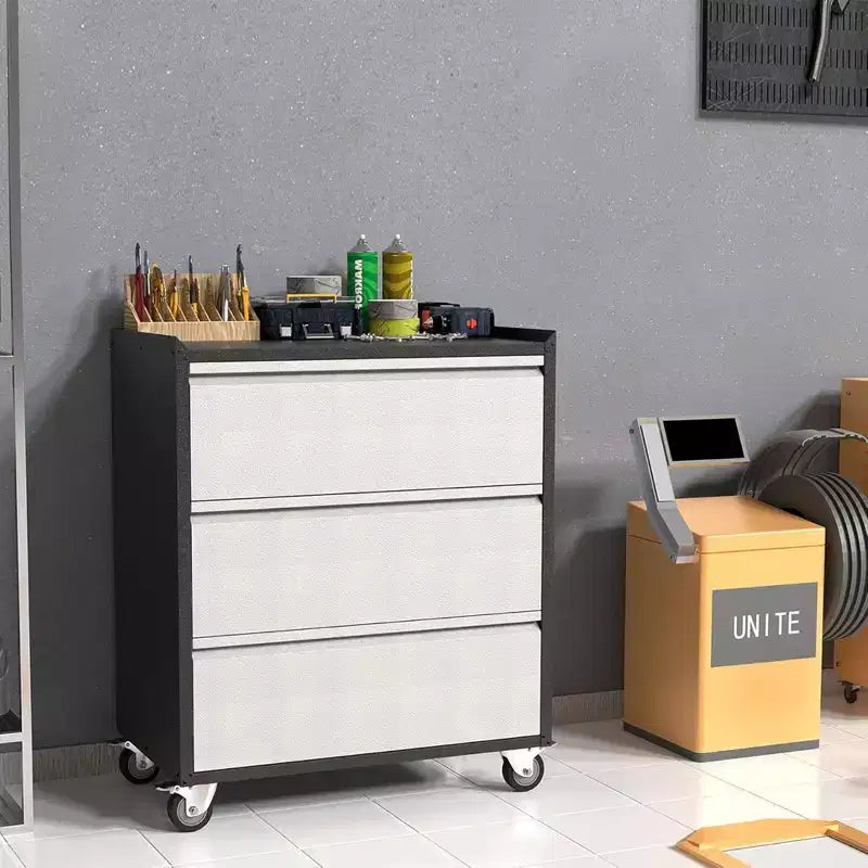Servante d'atelier à roulettes, Boîte de rangement métallique à 3 tiroirs pour Garage, Entrepôt, Noir/Gris