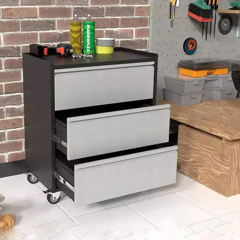 Servante d'atelier à roulettes, Boîte de rangement métallique à 3 tiroirs pour Garage, Entrepôt, Noir/Gris
