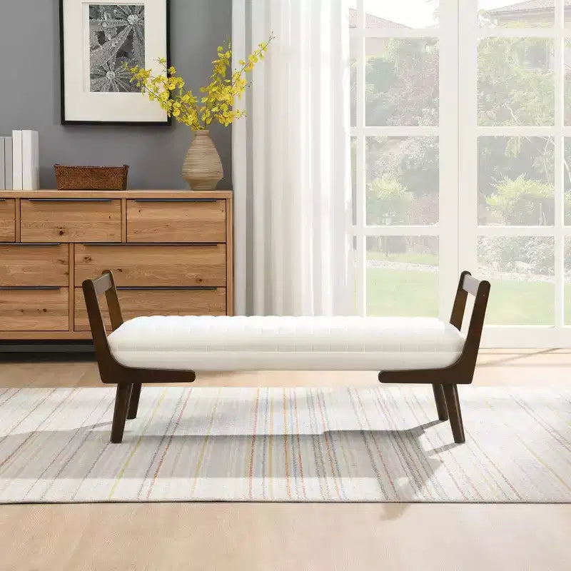 Banc moderne, banc de rangement capitonné à canal avec pieds en bois de noyer, tabouret repose-pieds en similicuir pour salon, chambre à coucher, entrée