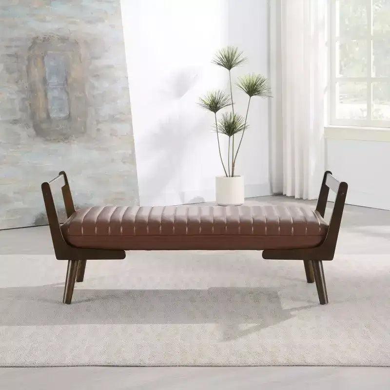 TUYOHW 52 Modern Bench,Channel Tufted Upholstered Storage Bench with Walnut Wood Legs,Faux Leather Footrest Stool for Living Room,Bedroom,Entryway