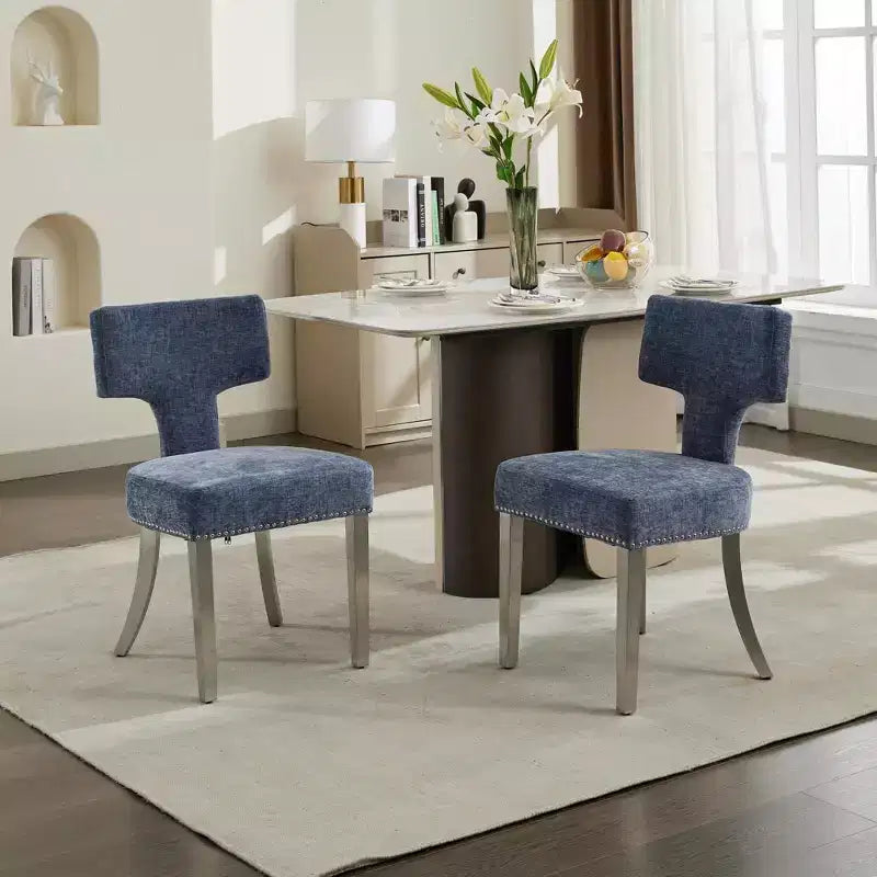 Chaises de salle à manger de ferme, chaises d'appoint modernes du milieu du siècle en tissu de lin doux avec pieds en acier, garniture cloutée pour la décoration intérieure