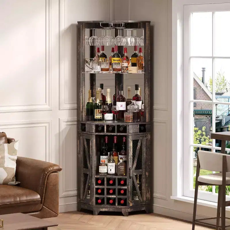 72 Tall Farmhouse Corner Bar Storage Cabinet Kitchen Cabinet with Barn Door, Acrylic Mirror, Glass Rack & Wine Storage, Walnut - ModernLuxe