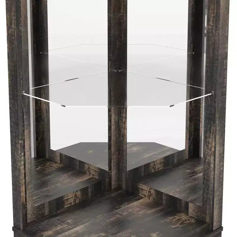 Meuble de rangement d'angle de bar de ferme de 72 po, armoire de cuisine avec porte de grange, miroir acrylique, porte-verres et rangement pour le vin, Noyer
