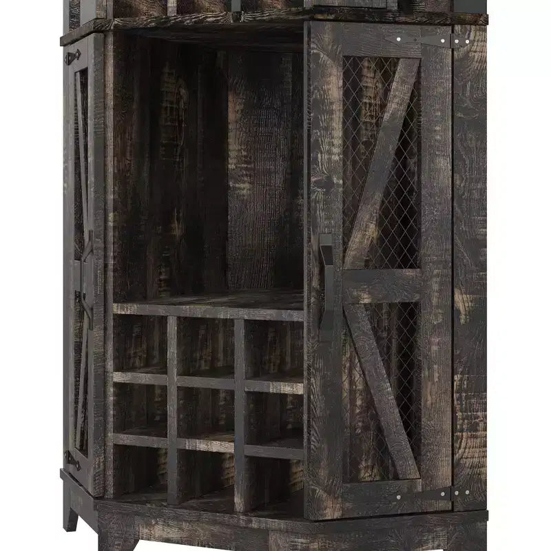Meuble de rangement d'angle de bar de ferme de 72 po, armoire de cuisine avec porte de grange, miroir acrylique, porte-verres et rangement pour le vin, Noyer