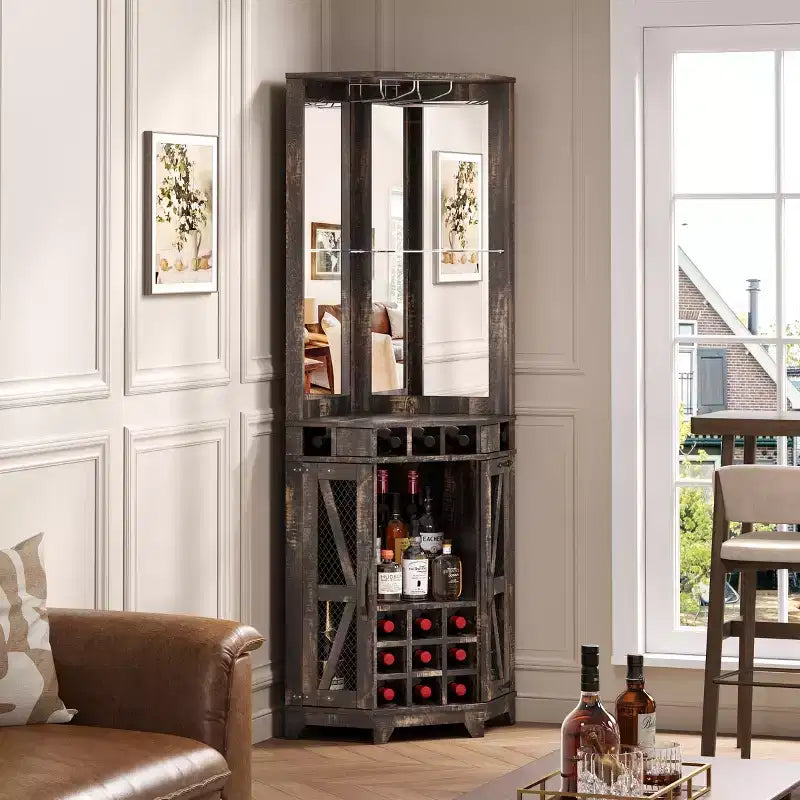 Meuble de rangement d'angle de bar de ferme de 72 po, armoire de cuisine avec porte de grange, miroir acrylique, porte-verres et rangement pour le vin, Noyer