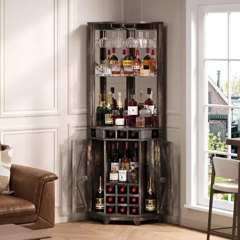 Meuble de rangement d'angle de bar de ferme de 72 po, armoire de cuisine avec porte de grange, miroir acrylique, porte-verres et rangement pour le vin, Noyer