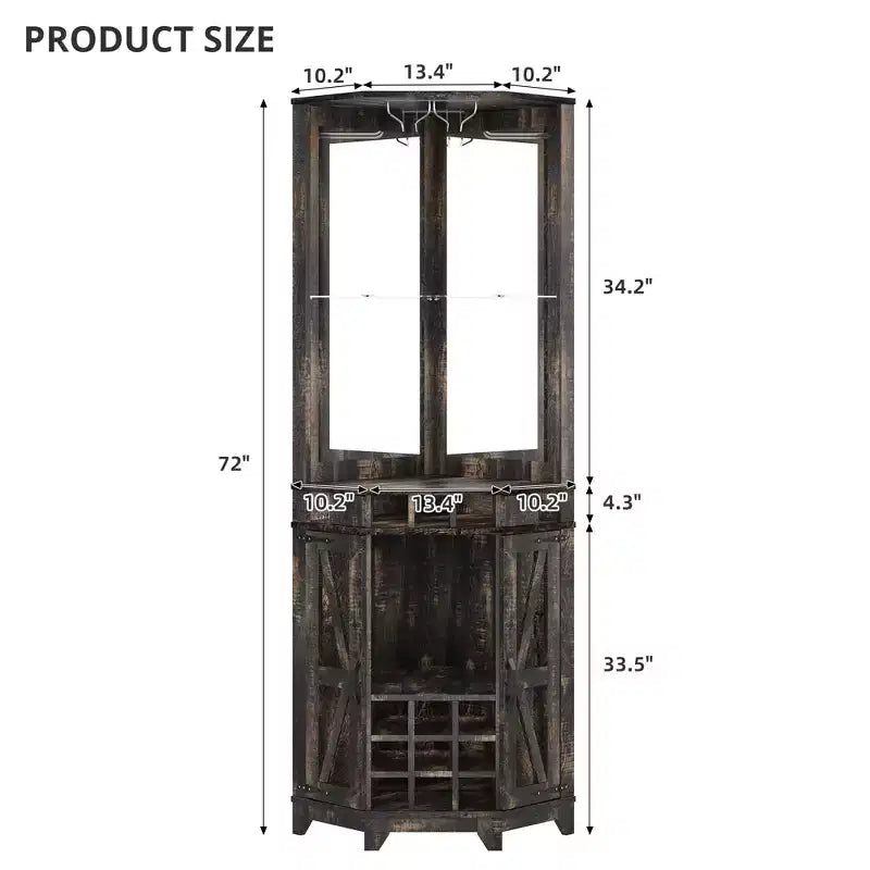 Meuble de rangement d'angle de bar de ferme de 72 po, armoire de cuisine avec porte de grange, miroir acrylique, porte-verres et rangement pour le vin, Noyer