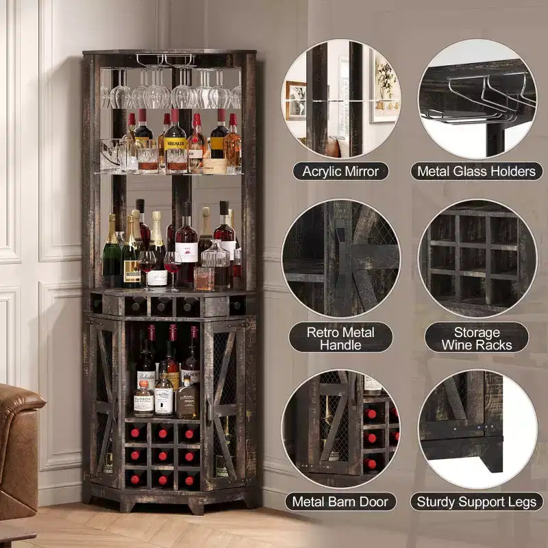 Meuble de rangement d'angle de bar de ferme de 72 po, armoire de cuisine avec porte de grange, miroir acrylique, porte-verres et rangement pour le vin, Noyer
