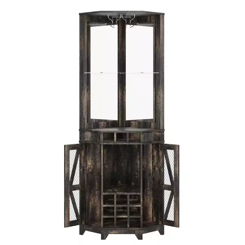 Meuble de rangement d'angle de bar de ferme de 72 po, armoire de cuisine avec porte de grange, miroir acrylique, porte-verres et rangement pour le vin, Noyer