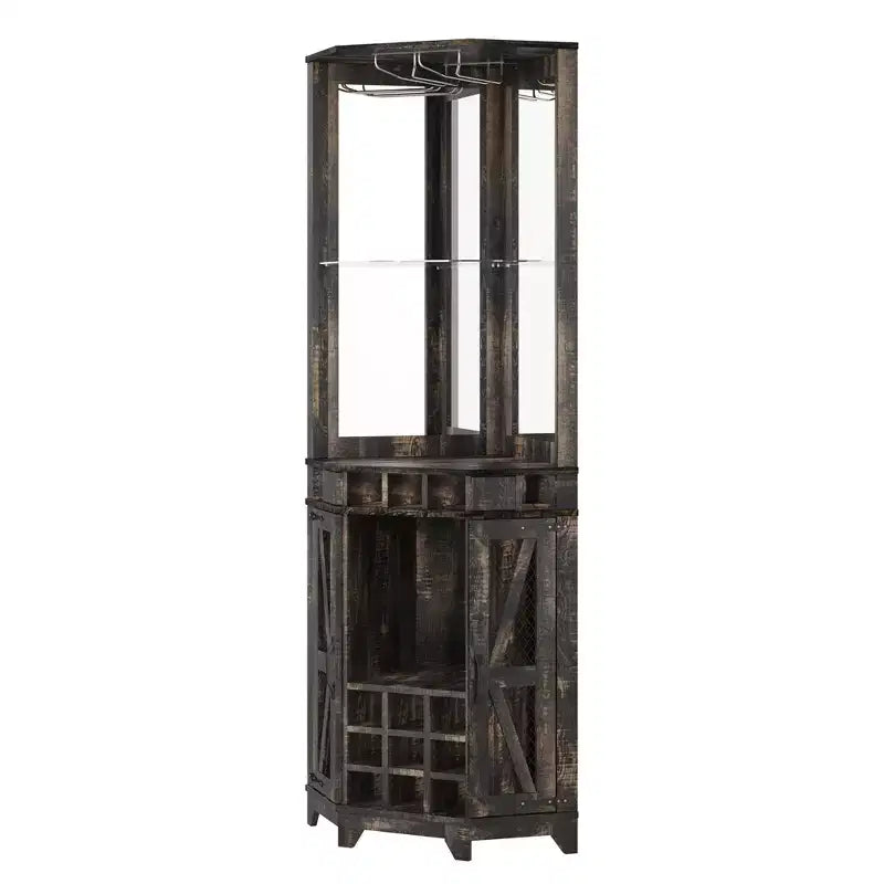 Meuble de rangement d'angle de bar de ferme de 72 po, armoire de cuisine avec porte de grange, miroir acrylique, porte-verres et rangement pour le vin, Noyer
