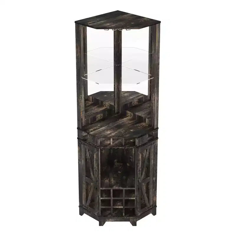 Meuble de rangement d'angle de bar de ferme de 72 po, armoire de cuisine avec porte de grange, miroir acrylique, porte-verres et rangement pour le vin, Noyer
