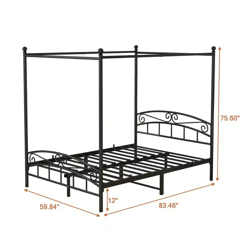 Cadre de lit baldaquin en métal durable avec structure stable et support silencieux, noir