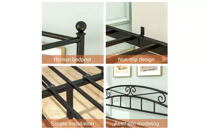 Cadre de lit baldaquin en métal durable avec structure stable et support silencieux, noir