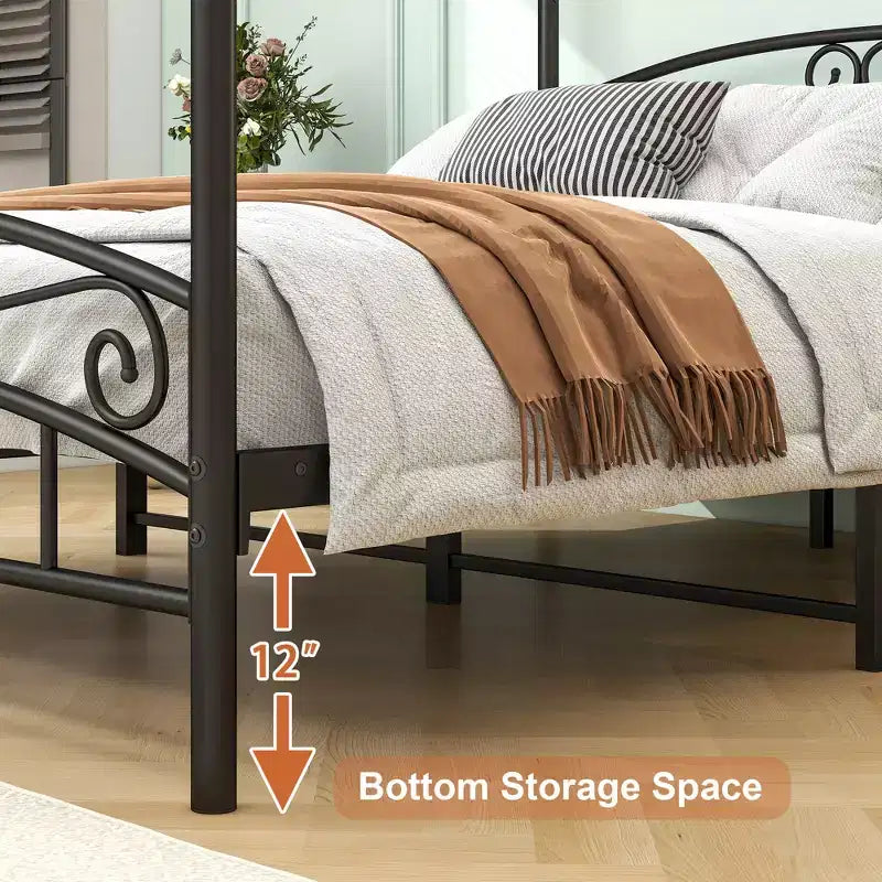 Cadre de lit baldaquin en métal durable avec structure stable et support silencieux, noir
