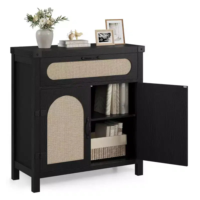 Rattan-Accent Sideboard  Natural Wood Buffet Cabinet with Drawer & Adjustable Shelves for Dining/Living Room/Kitchen