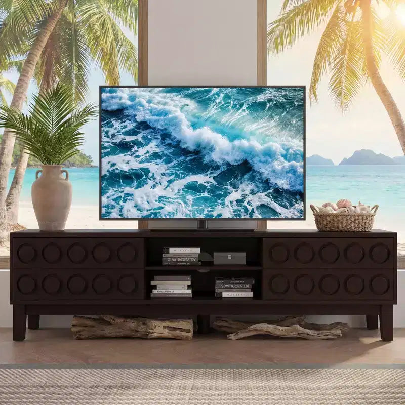JVNOXK Modern Mid-Century Media Console with 4 Drawers,Cable Management, TV Console Table for TVs up to 75,for Living Room,Office(Dark Brown)