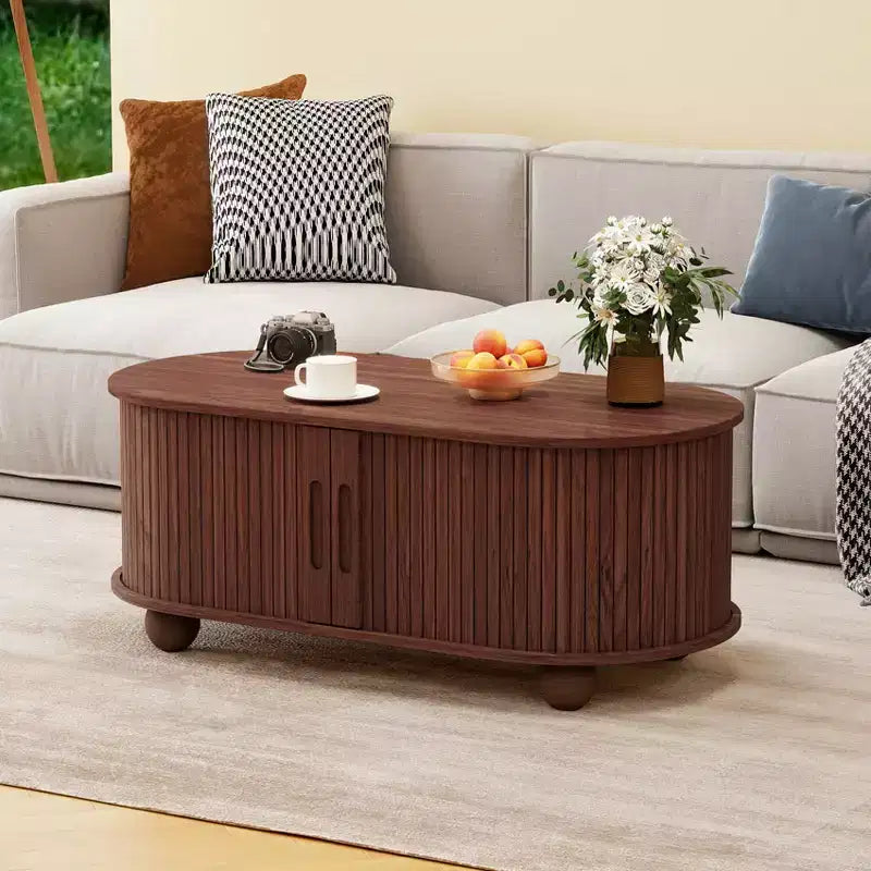 GDFStudio Laura Rustic Wooden Storage Coffee Table with Strip Sliding Door