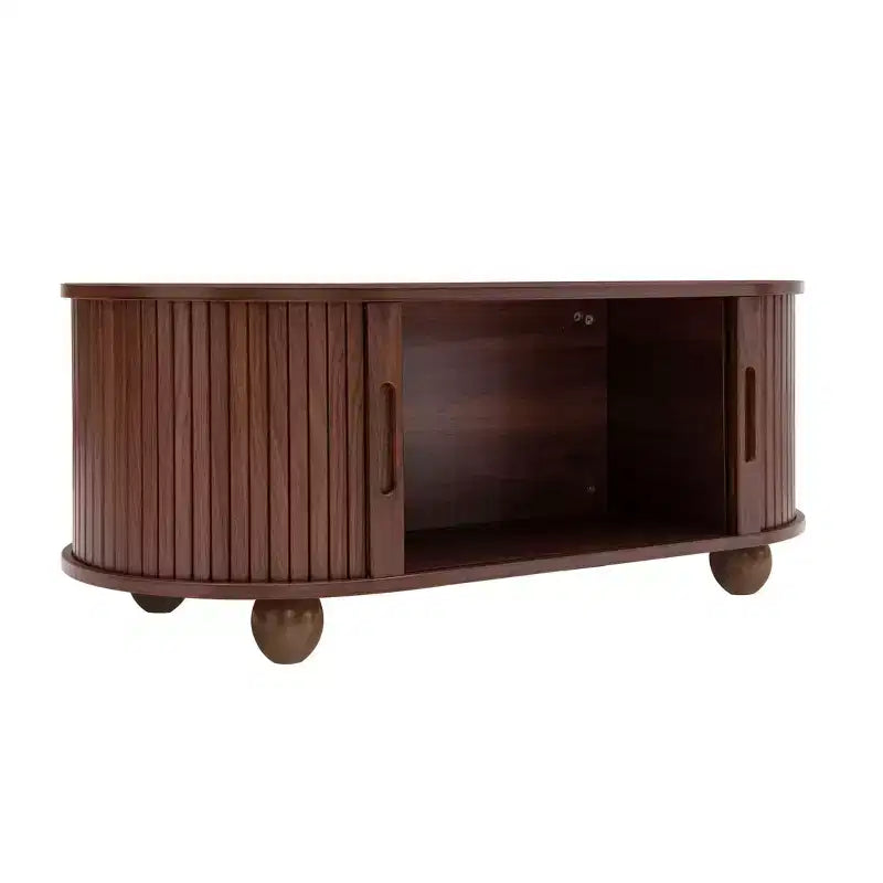 Table basse de rangement rustique en bois avec porte coulissante à lattes
