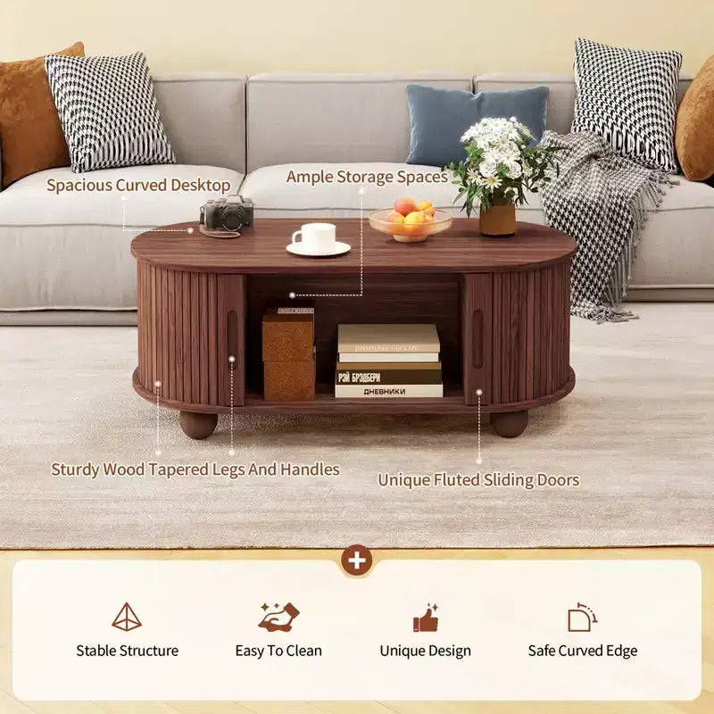 Table basse de rangement rustique en bois avec porte coulissante à lattes