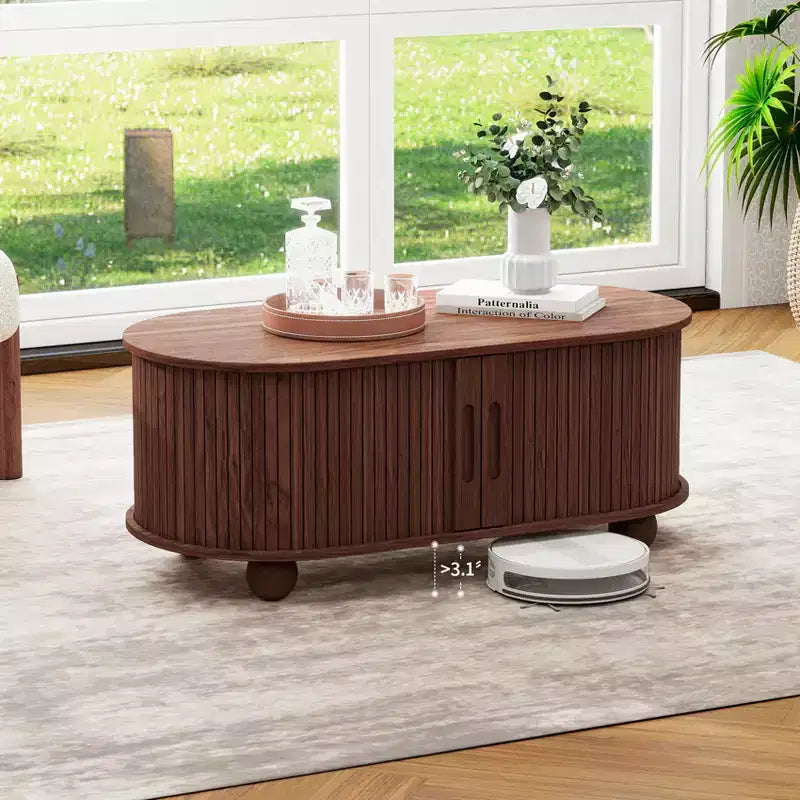 Table basse de rangement rustique en bois avec porte coulissante à lattes