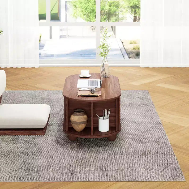 Table basse de rangement rustique en bois avec porte coulissante à lattes