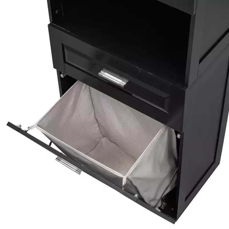 Meuble de rangement haut de salle de bain en bois moderne avec panier à linge basculant, armoire à double porte, étagères supérieures et tiroir