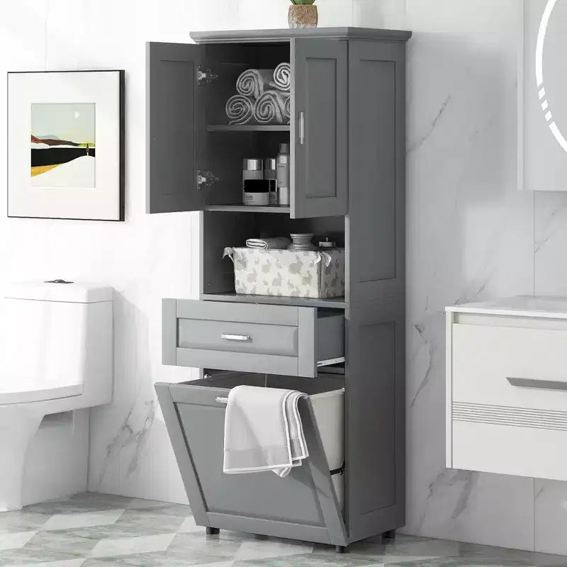 Meuble de rangement haut de salle de bain en bois moderne avec panier à linge basculant, armoire à double porte, étagères supérieures et tiroir