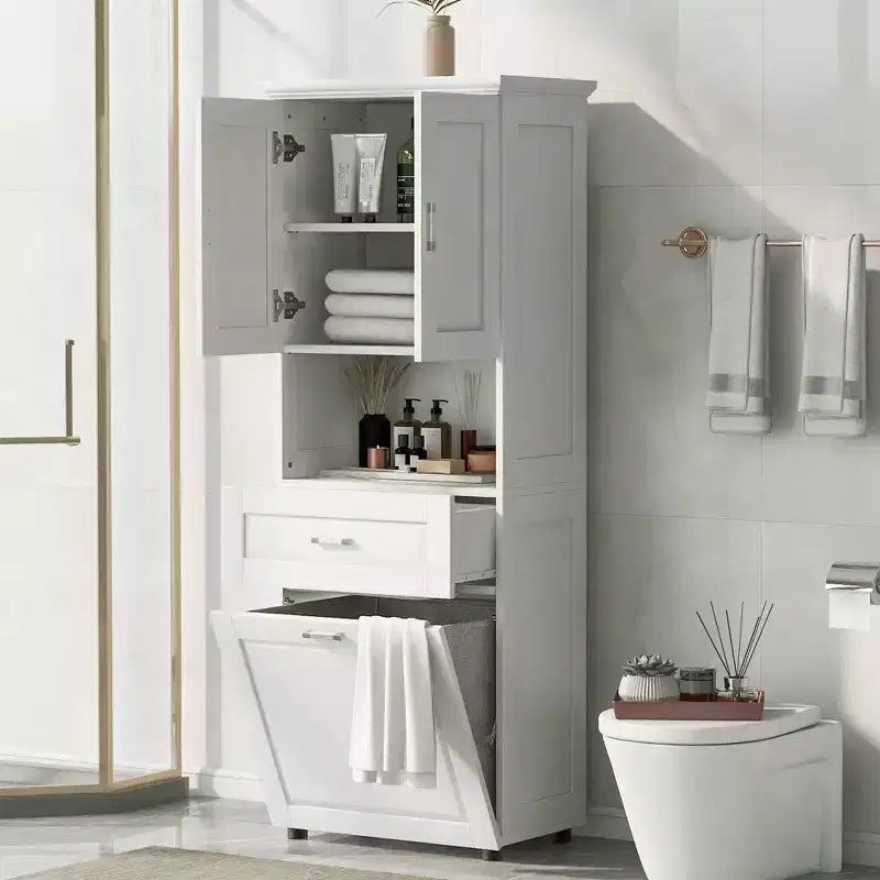 Meuble de rangement haut de salle de bain en bois moderne avec panier à linge basculant, armoire à double porte, étagères supérieures et tiroir