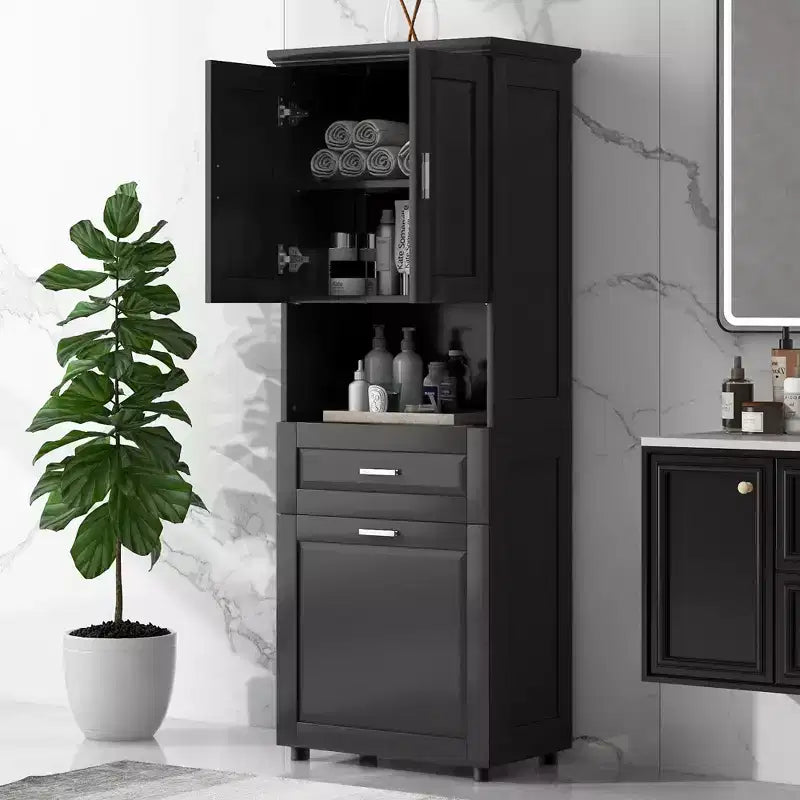 Meuble de rangement haut de salle de bain en bois moderne avec panier à linge basculant, armoire à double porte, étagères supérieures et tiroir
